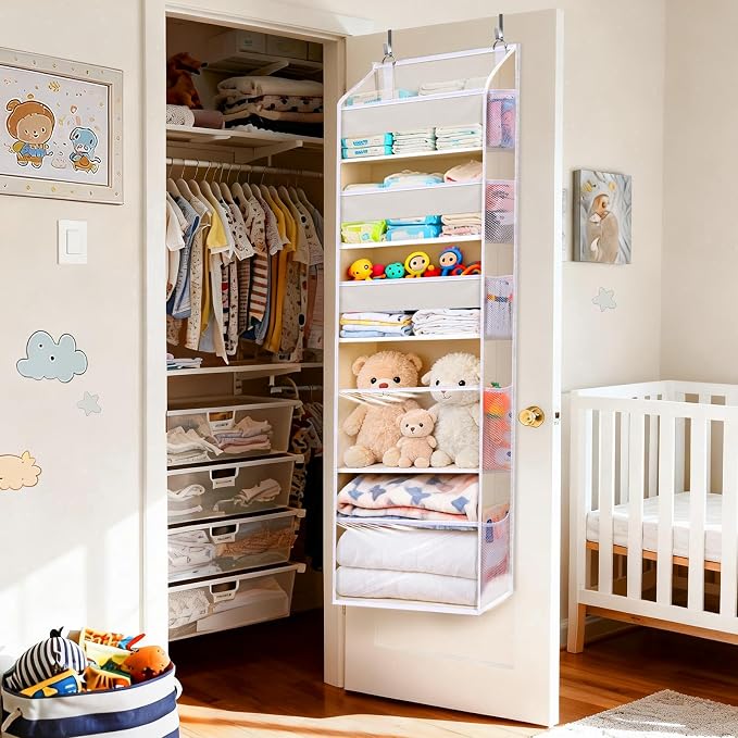 5 Tiers Over the Door Organizer with 10 Mesh Side Pockets, 44 lbs Weight Capacity Closet Hanging Storage Organizer with Large Clear Window Kids Toys, Shoes, Diapers, Beige