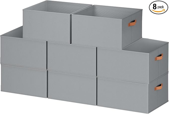 8 Pack Large Closet Storage Baskets Bins for Shelves, Collapsible Fabric Closet Organizers and Storage with Polyester Handles, Decorative Baskets for Organizing Clothes, Towels, Linen Closet 16x12x10"