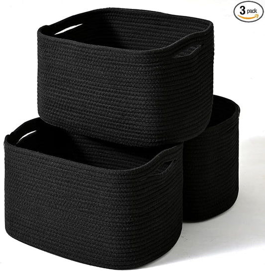 ICERZCZ Black Storage Baskets for Organizing Shelves, Toy Basket for Nursery, Woven Cotton Rope Basket for Decor, Towel Baskets for Bathroom, 15"x11"x9.5", 3 Packs, Black