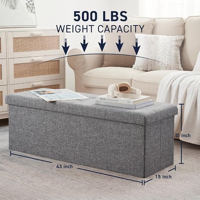 Ornavo Home 43 Inch Folding Extra Large Storage Bench, Linen, Gray | Upholstered Tufted Ottoman with Lid; Foot Rest Stool; Ideal for Bedroom, Living Room or Entryway