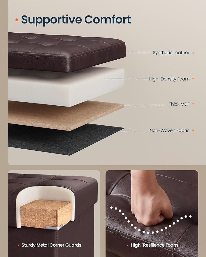 SONGMICS Home Foldable Foot Rest Stool, Storage Ottoman, Tufted Design, PU Leather, Easy Assembly and Cleaning, for Entryway, Living Room, Bedroom, 30.2 Inches, Dark Brown