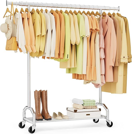 Heavy Duty Rolling Clothing Rack, 450 lbs Capacity Metal Clothes Rack with Wheels, 65" Tall Freestanding Hanging Rack for Bedroom, Laundry Room, Retail Display, Chrome