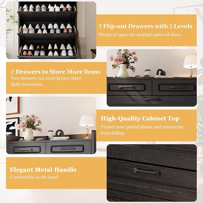 ODUWA Shoe Cabinet with 3 Flip Drawers and 2 Storage Drawers, Shoes Organizer Cabinets with Adjustable Divider, Hidden Shoe Storage Cabinet for Entryway, Hallway, Living Room, Black