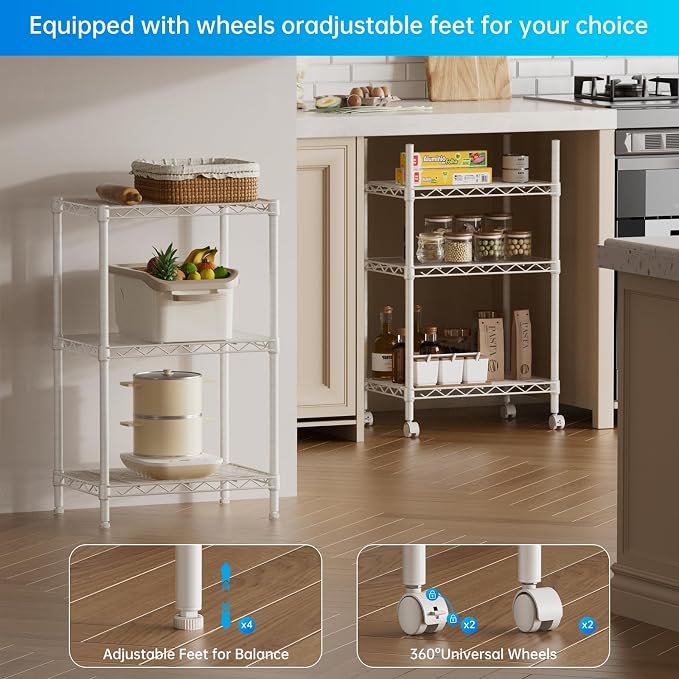 SINGAYE Small Shelves Kitchen Storage Shelf Wire Shelving Metal Adjustable | 3 Tier Shelf Organizers Storage Shelving Unit for Office Pantry Laundry Bathroom Closet Home 11.6" D X 17.6" W X 30" H White