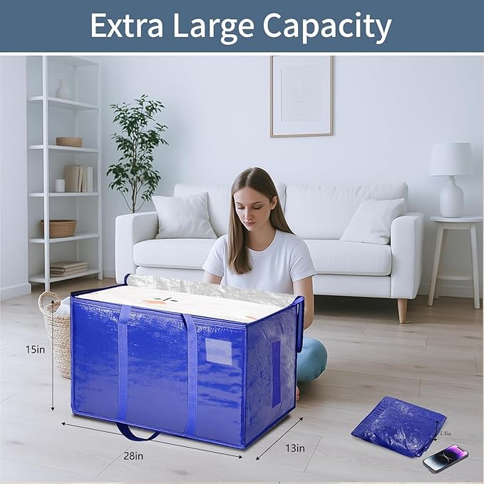 4 Pack-Extra Large Heavy Duty Moving Bags - Waterproof Storage Totes with Handles & Zippers, Foldable for College Dorm, Storage (Blue)