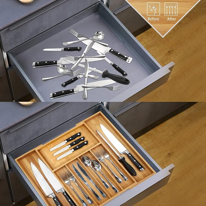 VaeFae Bamboo Drawer Organizer, Large, Natural | Expandable Silverware Organizer, Kitchen Utensil Storage, Wooden Cutlery Tray with Dividers, Fork and Spoon Holder