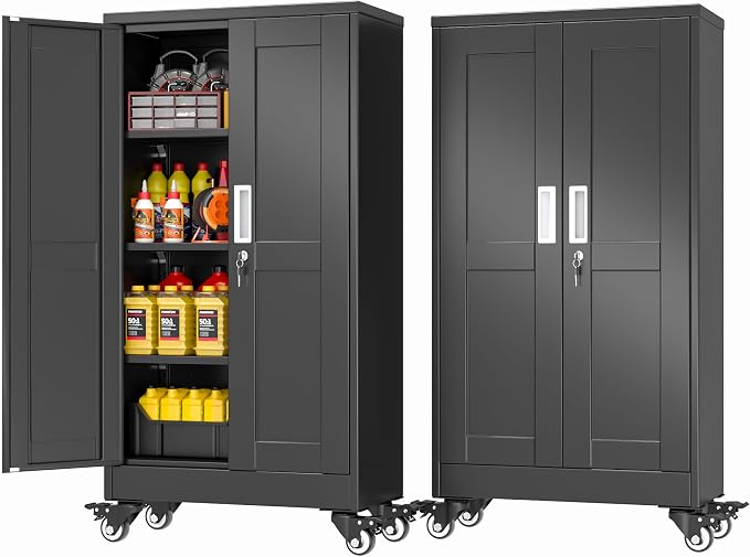 PAOFIN Metal Garage Storage Cabinet with Wheels,Steel File Cabinets with 2 Doors and 3 Adjustable Shelves for Home Office, Warehouse, Required Assembly,Black