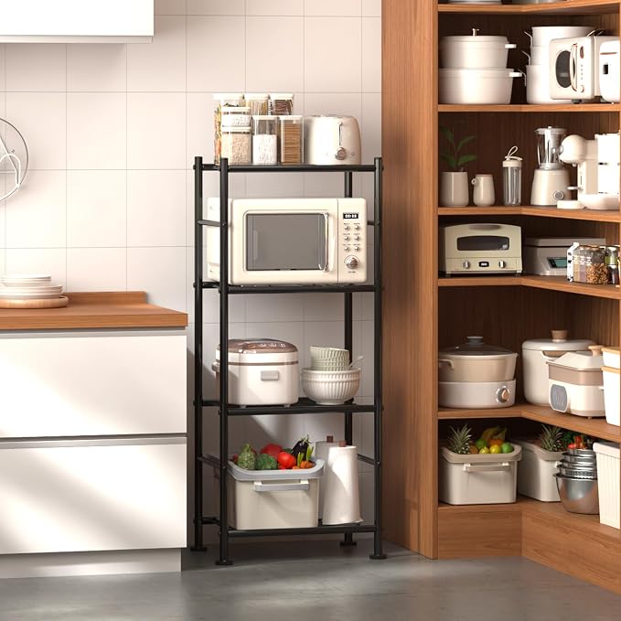 Sakugi Storage Shelves - Set of 2, 4-Tier Metal Shelf Organizer, Space-Saving Garage Shelving with Leveling Feet, Standing Shelves Organizer for Kitchen, Laundry, Pantry (18.1"x12.3"x44.1", Black)
