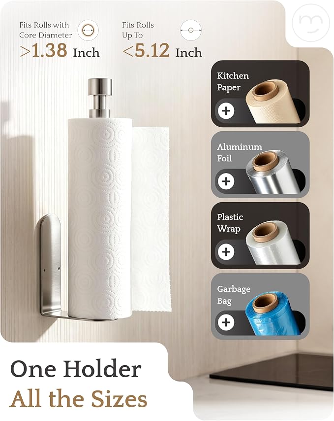 Paper Towel Holder Under Cabinet Adhesive or Drilling Silver | Drill Wall Mount or Adhesive, Easy Roll Loading, Heavy Duty, Stainless Steel Paper Towel Roll Rack for Kitchen, Bathroom