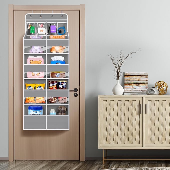 Univivi Upgraded Over the Door Organizer for Baby Nursery, Grey, 5-Shelf | Fabric Door Organizer with Clear Window Deep Pockets, Over Door Hanging Organizer for Baby Essential, Bedroom, and Dorm
