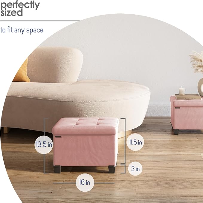 Storage Ottoman Cube with Small Bin, 16-in Square Ottoman with Storage for Living Room and Bedroom, Small Ottomans Foot Rest, Leather Foot Stools Ottomans Max 330lbs, Pink