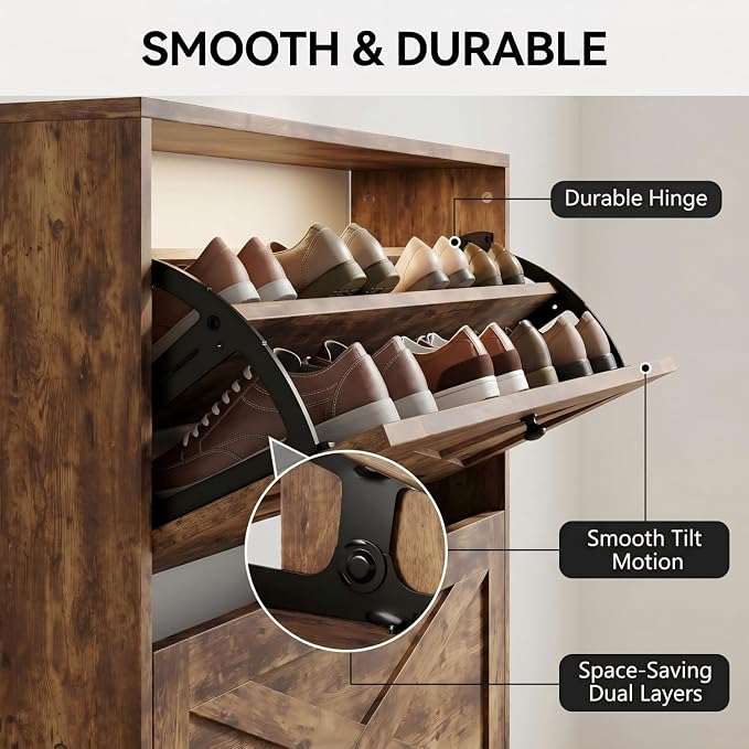 HOPUBUY Shoe Cabinet for Entryway, Narrow Shoe Storage with 3 Flip Drawers | Wood Slim Shoe Rack, 3 Tier Thin Shoe Organizer for Home and Apartment,Rustic Brown