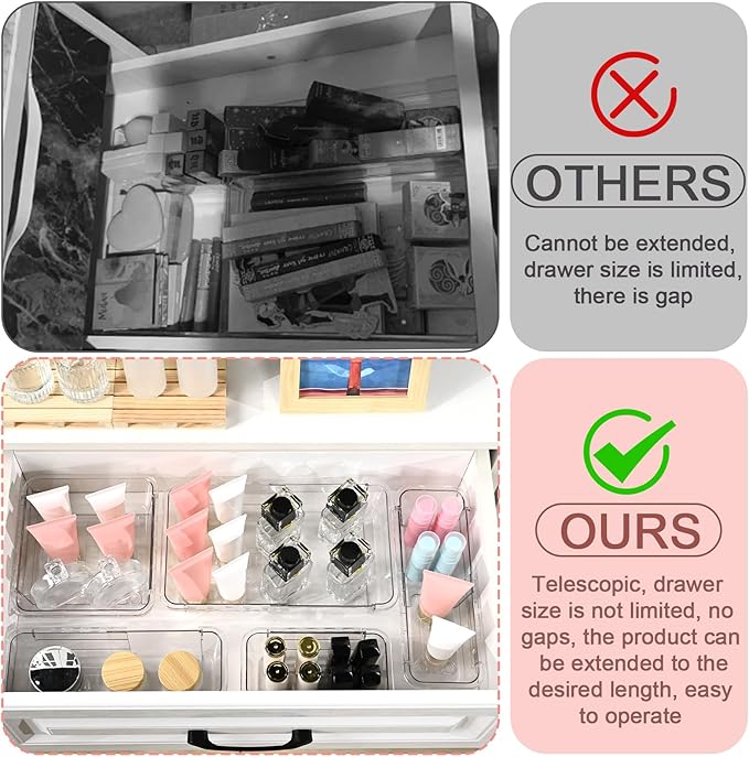 15 Pcs Extendable Clear Drawer Organizer, All Adjustable Vanity Storage Box, 2-Size Desk Drawer Organizer, Acrylic Storage Bins for Makeup, Cosmetic, Bedroom Dressers Tool Organizer for Gadgets