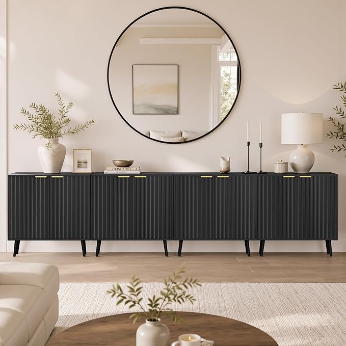 Set of 4 Fluted Storage Cabinet, Buffet Cabinet with Storage, Wood Sideboard with Adjustable Shelf, Modern Accent Cabinet & Console Table for Entryway, Living Room, Dining Room, Black