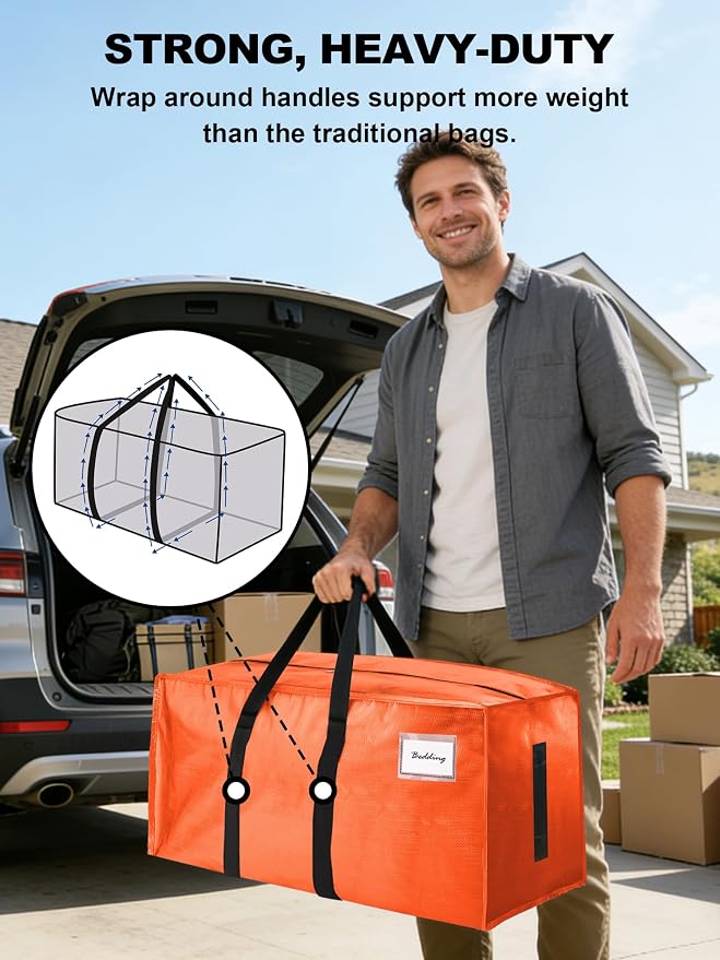 HOMESURE Supports 200lbs Heavy Duty Moving Bags - Strong Zipper & Wrap-Around Handles - Water-Resistant Storage Totes, Durable Alternative to Moving Boxes - 40 Pack - Orange