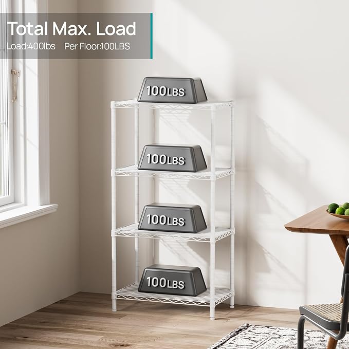 SINGAYE 4 Metal Shelves Wire Shelving Storage Shelf Adjustable Unit Pantry | 4 Tier Kitchen Laundry Room Organization Home Pantry Closet Bathroom Organizers Garage Rack 14" D x 24" W x 48" H White
