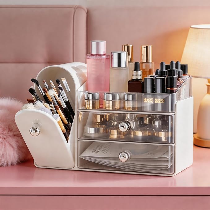 Makeup Organizer with Makeup Brush Holder, 2 Drawer, White | Vanity Desk Organizer with Brush Holder, Compact Countertop, Cosmetic Storage for Lipsticks, Perfumes, Eyeshadow Palettes