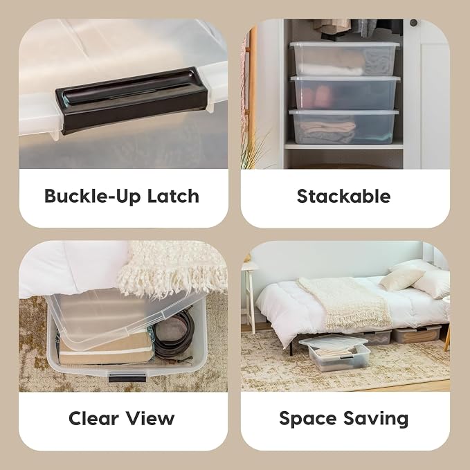 IRIS USA 3-Pack, 33 Qt. Under Bed Storage Bin with Lids, Clear | Store seasonal clothing, shoes, blankets, linens and household essentials neatly under beds to maximize storage space