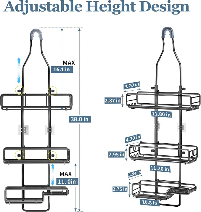 Skyapex Shower Caddy Hanging Bathroom Organizer: Over Head Adjustable Rack for Tall Showerhead - Extra Large Storage Shelf for Big Shampoo Bottles with Soap Holder