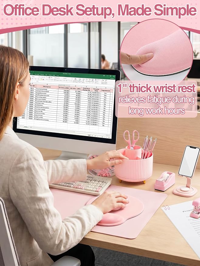 76Pcs Pink Desk Accessories Set, Office School Supplies for Women Girls | Cute 360° Rotating Pen Holder for Desk/Mat/Wrist Rest Mouse Pad/Phone Stand and More, for College Teacher Back to School
