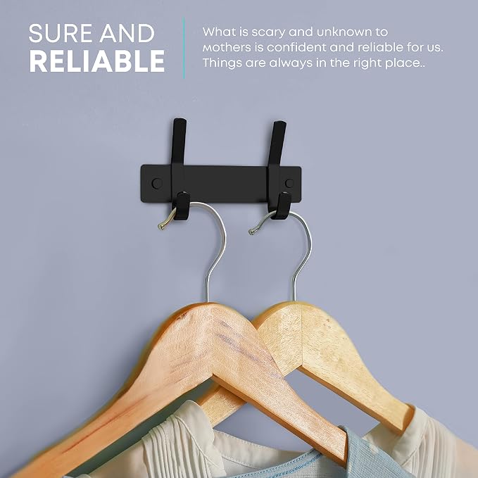 Coat Rack Wall Mount – 6 Inch Stainless Steel Hook Rail with 2 Double Coat Hooks for Hanging – Wall Mounted Entryway Organizer for Coats, Hats, Bags, Towels, Robes, Closet or Bathroom - Black 2 Pack