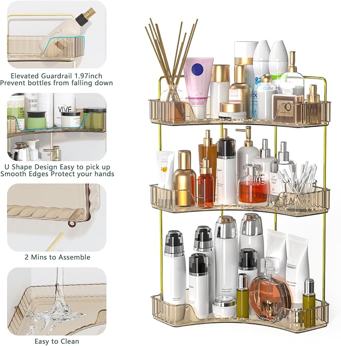 Webetop 3 Tier Corner Bathroom Organizer Countertop for Skincare & Dresser | Multi-Purpose For Toiletries/Perfume, Easy Wipe-Clean Surface, Stable Triangular Base, Generous Shelf Depth, Modern Look