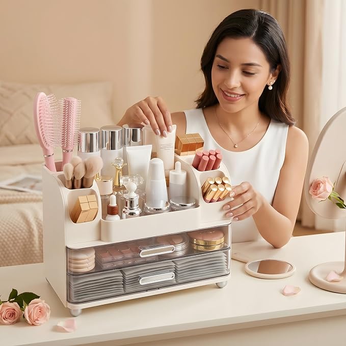 Makeup Organizer for Vanity with 2 Large Drawers and 6 Brush Holders, White | Large-Capacity Makeup Holder Keeps Skincare and Cosmetics Organized and Easy to Reach on Vanity or Bathroom Counters