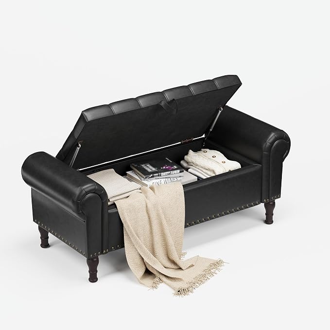 YOUDENOVA 51” Ottoman with Storage, Upholstered Storage Ottoman Bench with Rolled Arms, PU Leather Storage Bench for Bedroom, Living Room, Entryway, Black