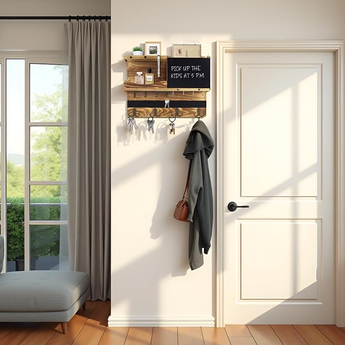 Key Holder for Wall Mount with Shelf and Mail Organizer, Key and Mail Holder with 16 Hooks, Farmhouse Entryway Organizer, Home Decor Rack(Pine Wood, Wood Color)