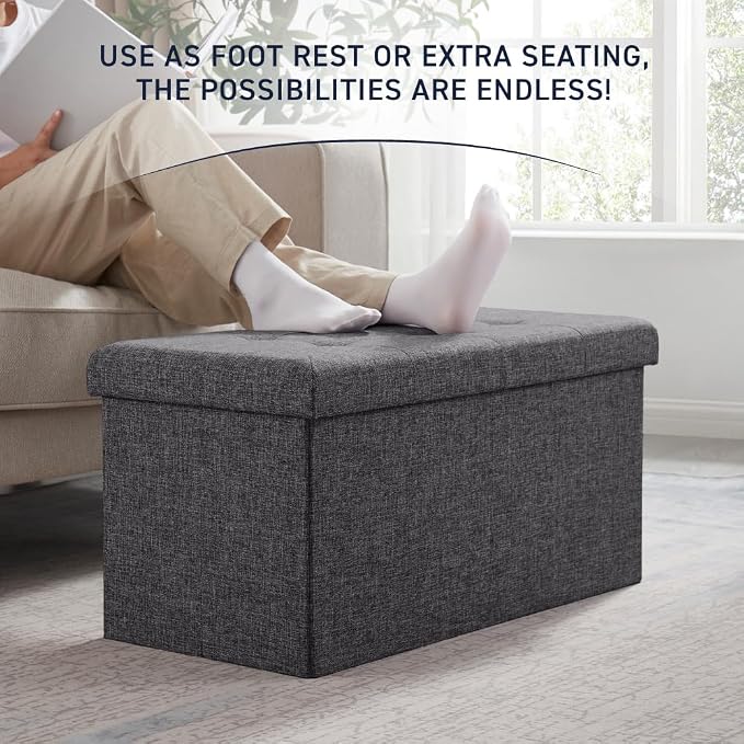 Ornavo Home 30 Inch Folding Storage Ottoman Bench, Tufted Linen, Dark Gray | Upholstered Large Ottoman with Lid; Foot Rest Stool; Ideal for Bedroom, Living Room or Entryway