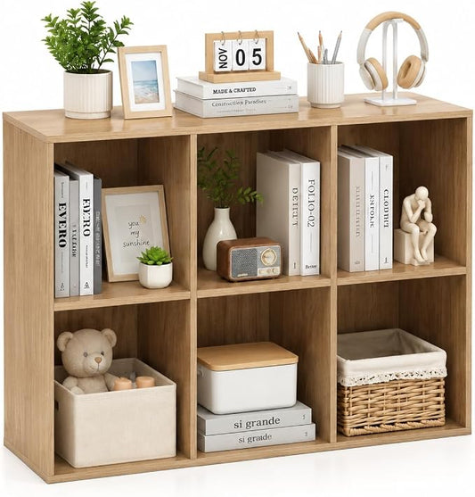 POWERSTONE 6 Cube Storage Organizer, Open Cube Bookshelf with Back Panels, Modern Display Cubby Bookcase for Bedroom Living Room Home Office, Natural