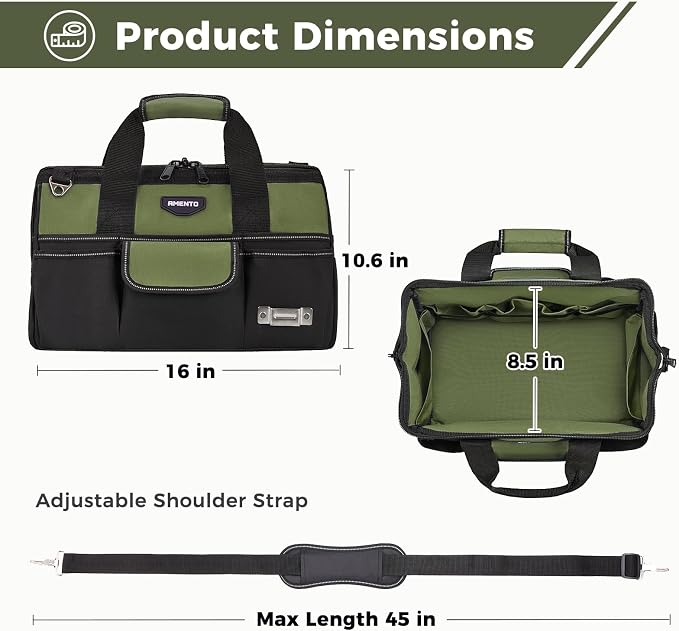 16-Inch Heavy Duty Tool Bag, 22 Pockets Empty Tool Box Organizer Storage, Soft Tote Toolbox Organization Portable Handle Carrying Work Toolbag for Electrician Mechanic, Dad Men Gifts, Green