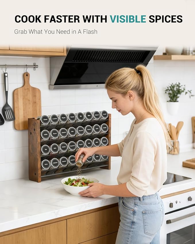NESAPTO Spice Rack Organizer for Cabinet, Wood 4-Tier Vertical Seasoning Organizer, Wall Mount or Countertop Spice Shelf, Holds 32 Jars (No Jars Included), 15.7" W x 10.3" H