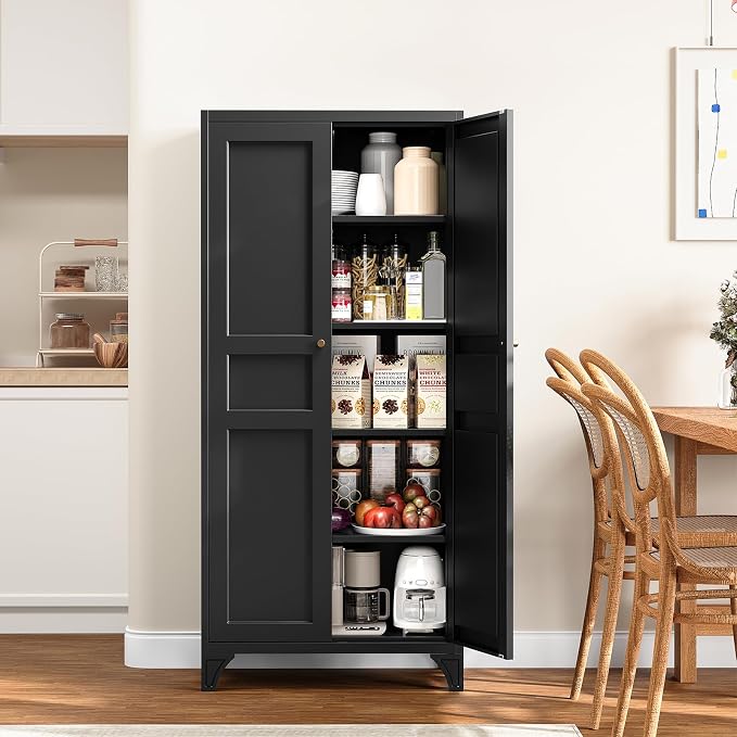 Yizosh Metal Pantry Cabinet,Tall Kitchen Pantry Storage Cabinet with Doors and Adjustable Shelves - 61" Black Cupboard Cabinet for Kitchen, Living Room,Dining Room,Home