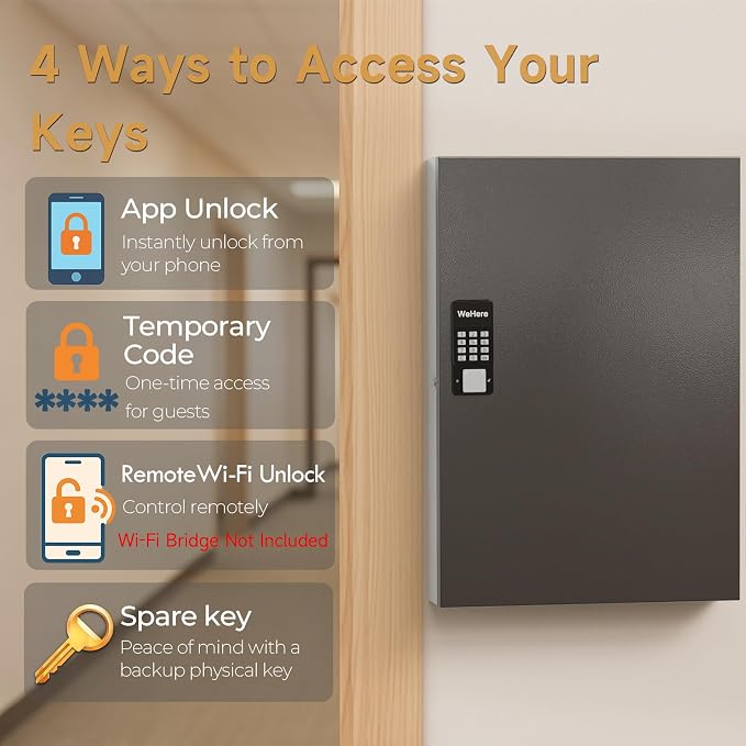 192 Key Lock Box Smart Key Organier Cabinet with Keypad & App for Office | Wall Mounted Lockbox use App, Custom & One Time Password, WiFi (Need W100 Bridge) Unlock for School, Office, Fleet, Hotel