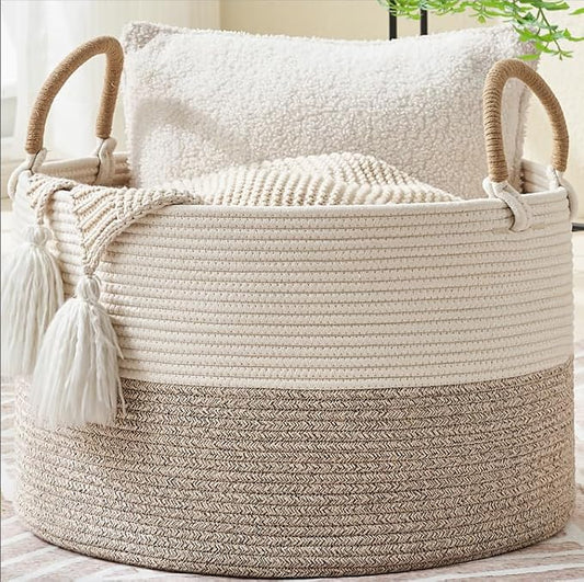 KAKAMAY Large Blanket Basket with Handles, Storage Basket for Living Room | Extra Large Capacity | Natural Cotton Rope | Blanket Storage | Woven Storage Basket | Stuffed Animal Storage | Laundry Basket