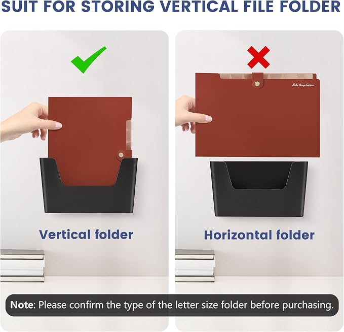 JOMOLA No Drilling File Holder 5 Pack Mail Organizer Wall Mount File Organizer Holder Office Wall Hanging Files Magazines Organizer Plastic Door Mount Wall Pocket with Adhesive Pad, Black Color