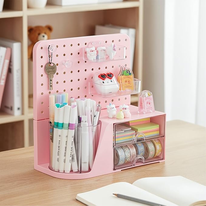 Comix Desk Organizer with 2 Drawer, Pink 360° Rotating Pen Holder for Desk | Desk Organizers and Accessories with 5 Slots Pencil Holder+Pegboard+Drawer, Pen Organizer for Home School Art Office Supplies