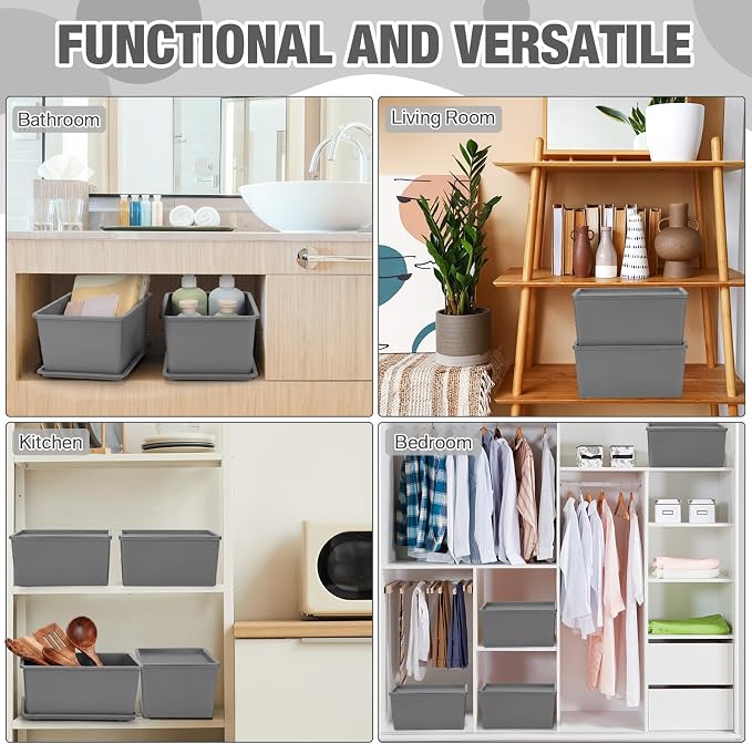 6 Pcs Storage Bins with Lids Small Plastic Storage Containers Stackable Storing Baskets Box Cute Organizer Bins for Organizing Shelves (Gray)