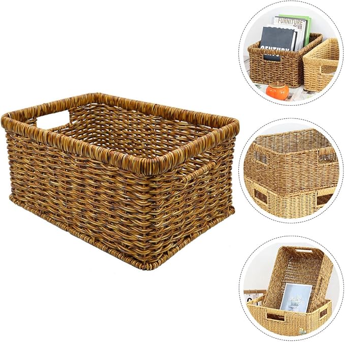 SHINEOFI Decorative Woven Storage Basket Handwoven Imitation Rattan Sundries Organizer with Hollow Handles for Home Desktop Organization Deep Coffee Color