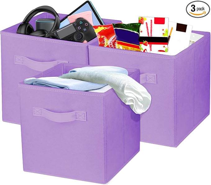 3 Pcs Storage Cubes, 10.5 Inch Collapsible Storage Bins, Fabric Foldable Bins for Organization, Durable Storage Bins for Closet, Shelves, Offices (Light Purple)