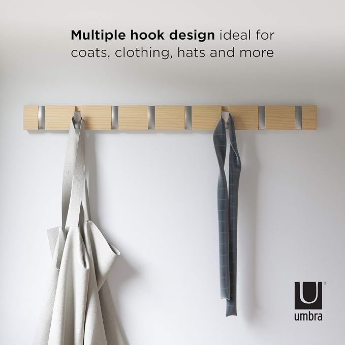 Umbra Flip Coat Rack, Wall Mount 8-Hook, Space Saving, Natural/Nickel | Real wood and steel build, retractable hooks fold flat, holds coats bags and scarves, easy install