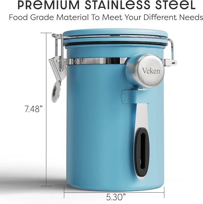 Veken Coffee Canister with Window, Airtight Stainless Steel Container, 22OZ | Date Tracker,Kitchen Food Storage Organizers for Beans, Ground, Espresso, Rice,Tea, Sugar,Cereal, Gifts,Lids,Jars,Scoop, Blue
