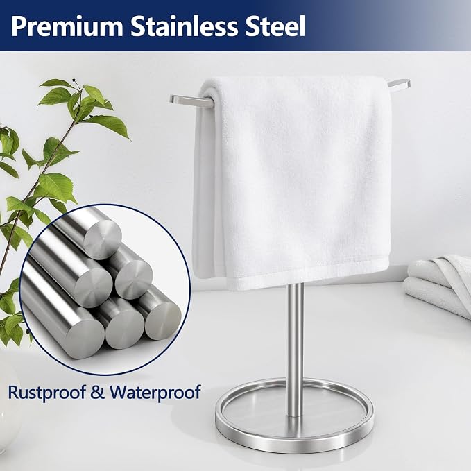 STWWO Hand Towel Holder, Stainless Steel Towel Holder Stand for Bathroom, Kitchen Countertop, T-Shaped Hand Towel Rack Stand, Brushed Nickel