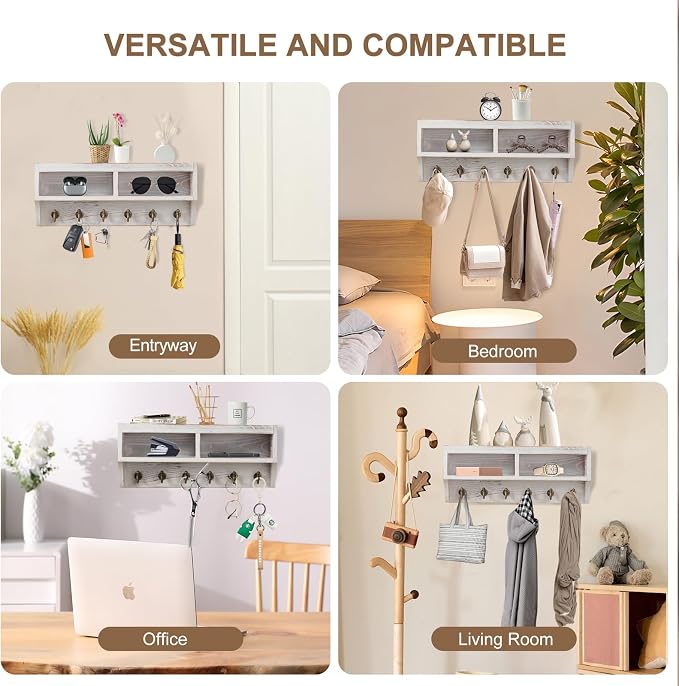 Key Holder Wall Mount with Mail Organizer, 6 Hooks & Shelf, White | Wood Key Holder Wall Mount with 6 Key Hooks, Shelf & Storage Box and Mail Organizer for Entryway, Apartment, Home and Office