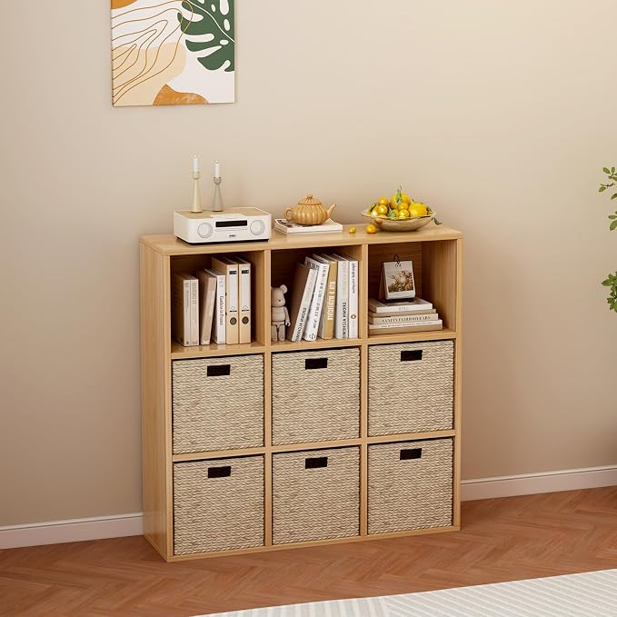 OSCHF 9-Cube Storage Shelf Bookcase, Oak | Wooden 3-Tier Open Bookshelf, Fits 11×11" Bins, Vertical or Horizontal Use, Full Back Panels, For Home Office