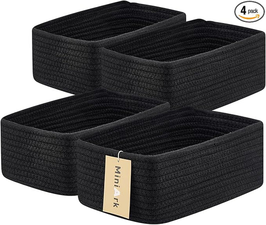 MiniArk Small Storage Baskets for Organizing | Closet Organizer Bins | Shelf Toy Basket | Woven Rope Baskets | Cube Decorative Box | Shallow Basket | 11.5x7.5x4.7” | 4 Packs Black