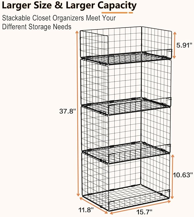 4 Tier Stackable Closet Organizers and Storage Shelves, Foldable Closet Shelf Organizer System, Stackable Storage Bins Drawers for Clothes Organizer System, Black（Patent No. 30022416）