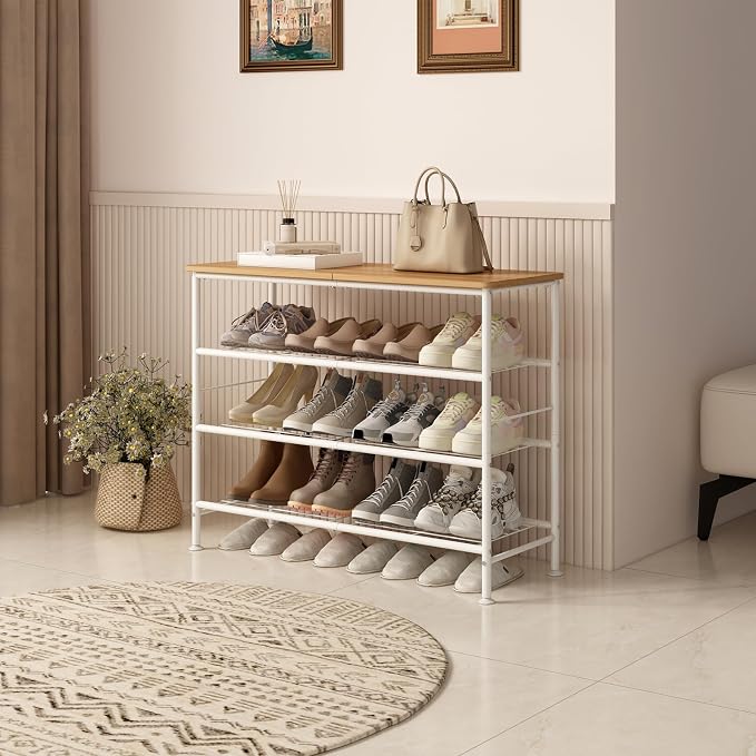 SUOERNUO 4 Tier Shoe Rack Organizer for Closet Shoe Storage for Entryway | Free Standing with MDF Top Board,Sturdy Metal Frame,Ideal for Living Room,Hallway White Nordic Walnut