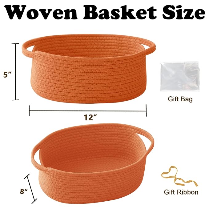 Woven Rope Basket - Baby Gift Basket with Bag & Ribbon, Orange | Cotton rope with handle, 12 x 8 x 5 in, gift bag and ribbon, for baby shower, birthday, toy storage, nursery, shelf decor
